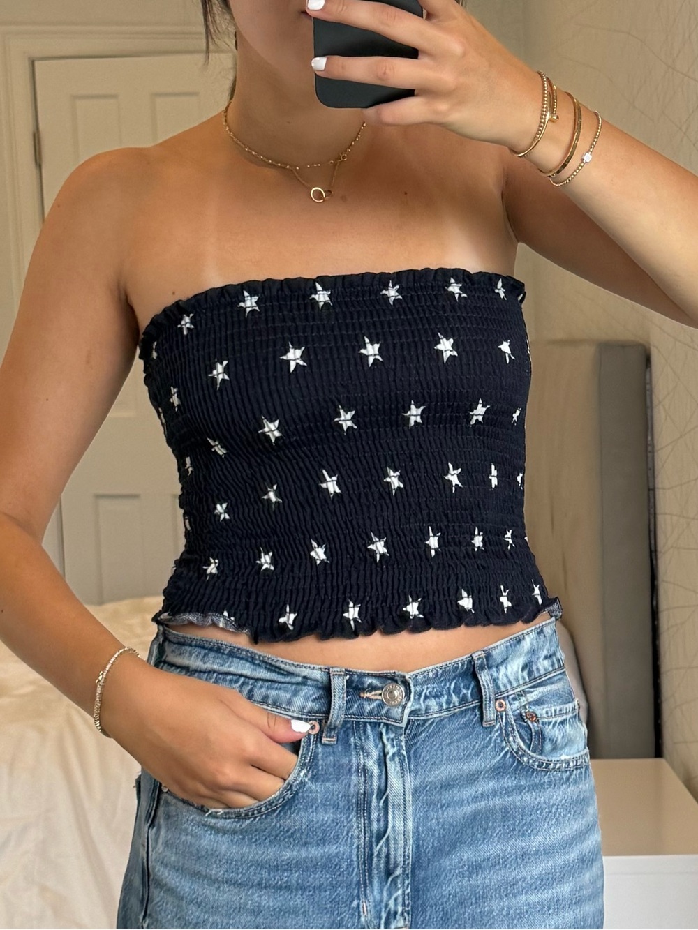 Navy Smocked Strapless Tube Top with White Stars